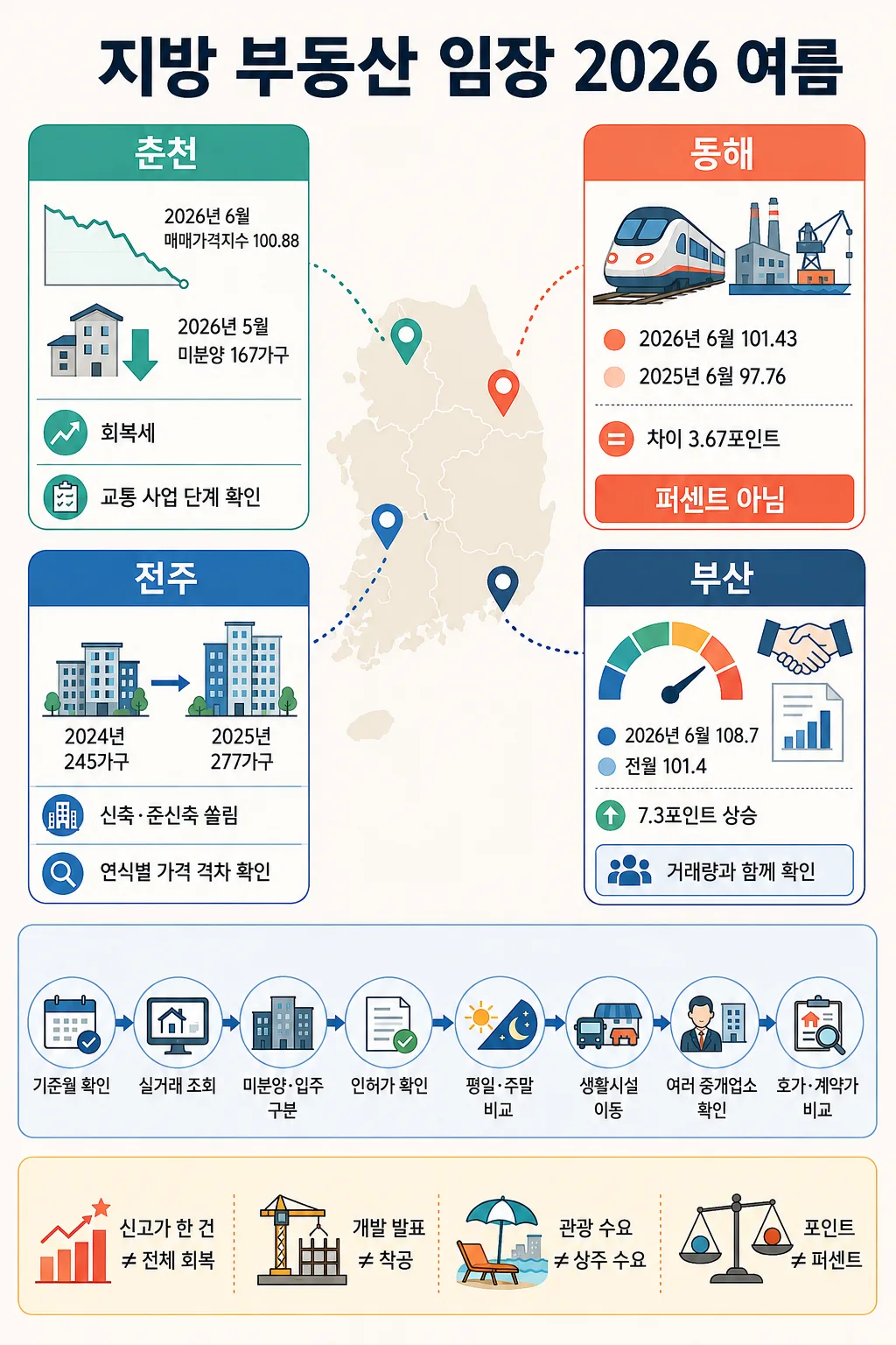 춘천·동해·전주·부산의 부동산 지표와 임장 확인 사항을 정리한 한국 지도 인포그래픽