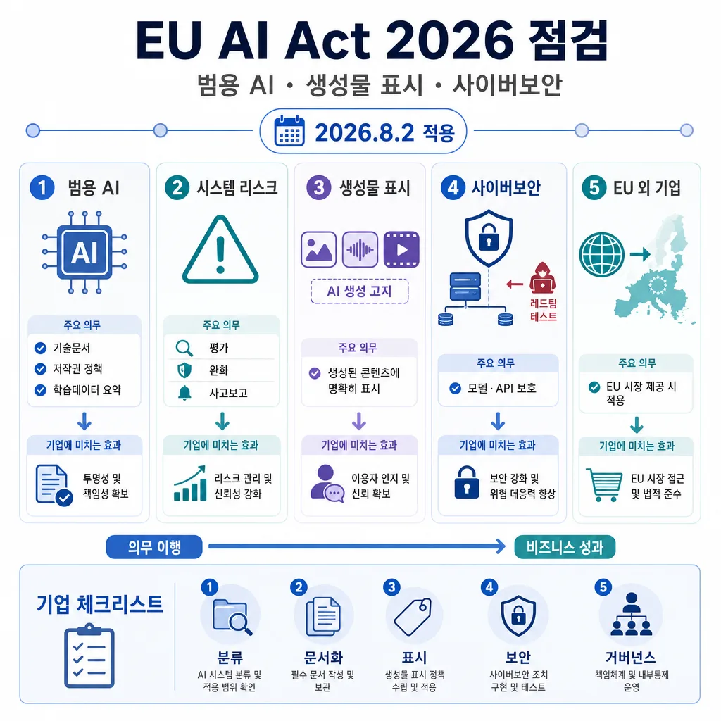 EU AI Act 2026 적용 전 범용 AI, 위험, 표시, 사이버보안 의무를 정리한 한국어 인포그래픽