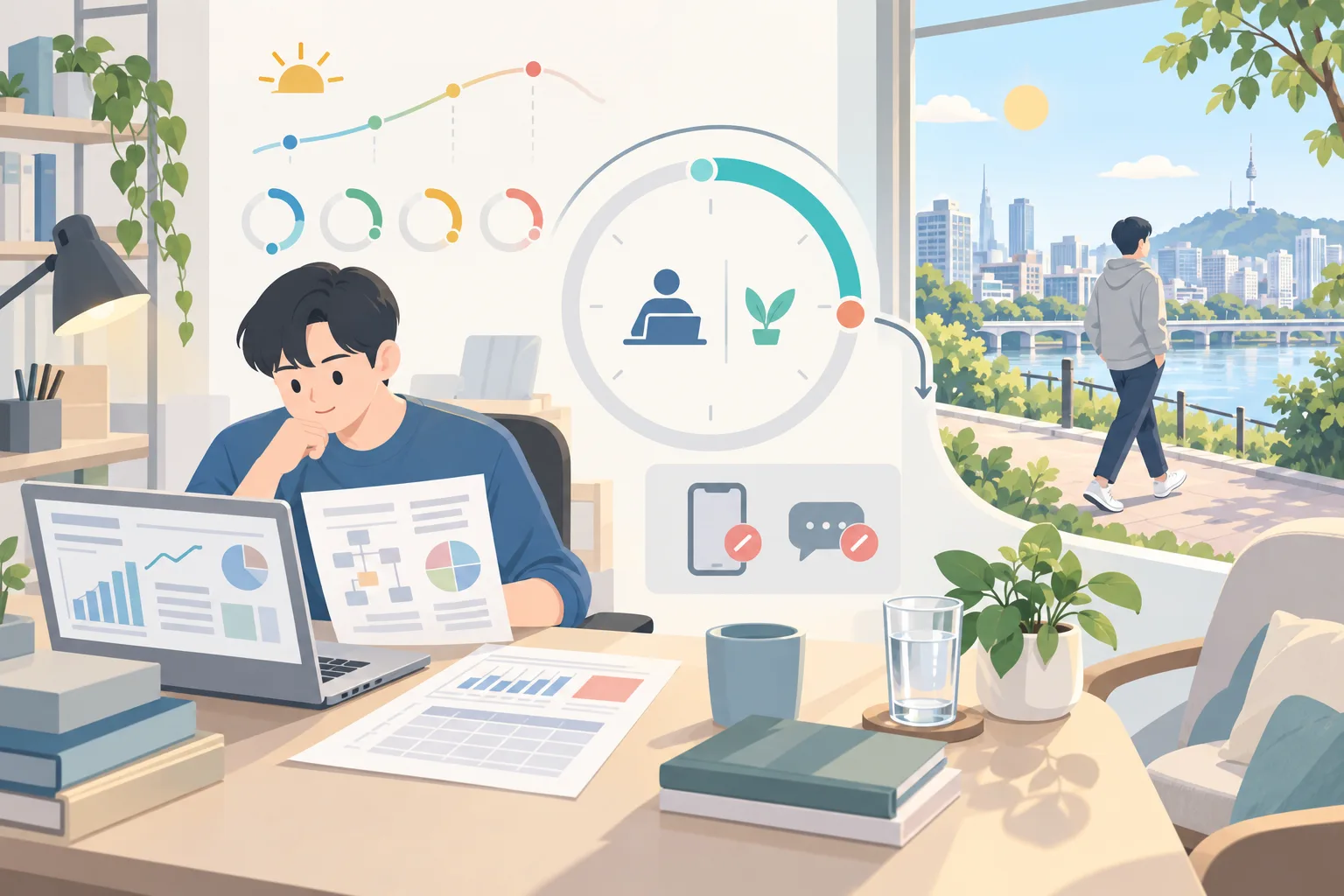 노트북으로 일하는 사람과 집중·휴식 타이머, 창밖을 산책하는 사람이 있는 업무 공간 일러스트