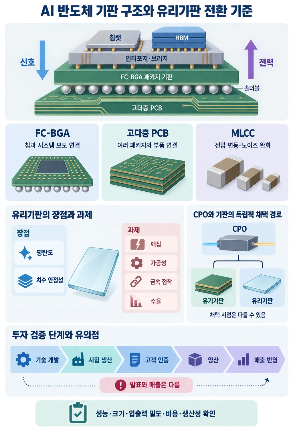 AI 칩·HBM 패키지 적층 구조와 유리기판의 장단점, 채택 경로, 투자 검증 단계를 정리한 인포그래픽