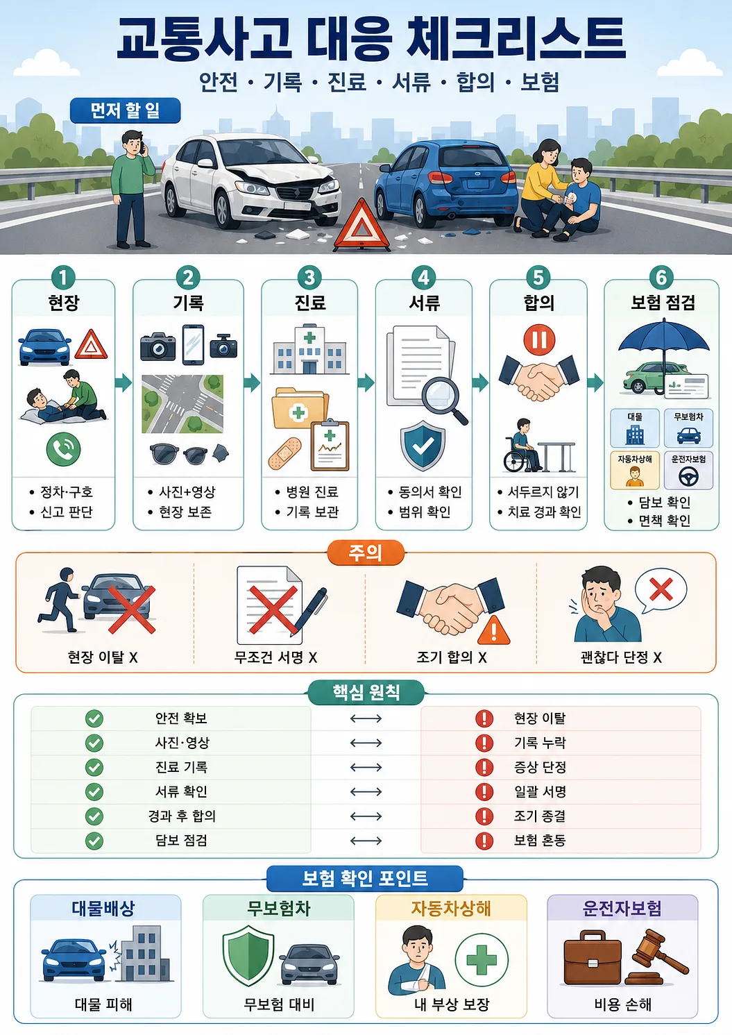 교통사고 대응 체크리스트와 사고 현장, 기록·진료·서류·합의·보험 점검 단계 인포그래픽