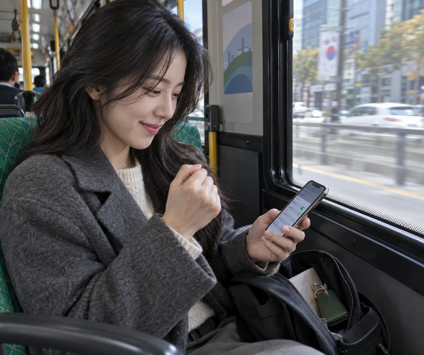 버스 창가 좌석에서 스마트폰을 보며 미소 짓는 여성