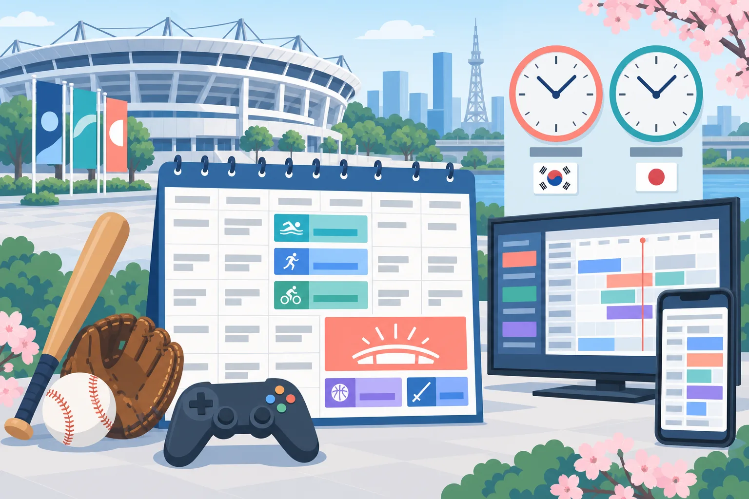 경기장 앞 경기 일정표와 한일 시계, 중계 화면, 야구·게임 장비 일러스트