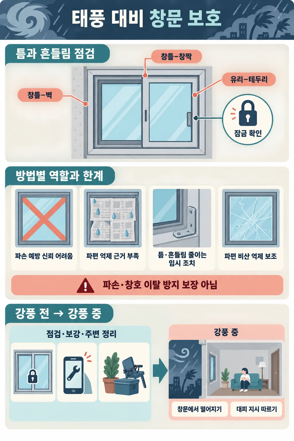 태풍 전 창틀과 잠금장치를 점검하고 X자 테이프 등 창문 보호법의 한계를 설명하는 안전 안내문