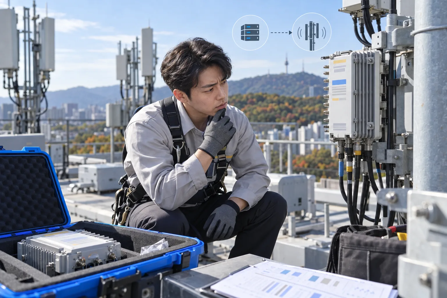 옥상 기지국 장비를 점검하는 통신 기술자와 서버 연결 그래픽