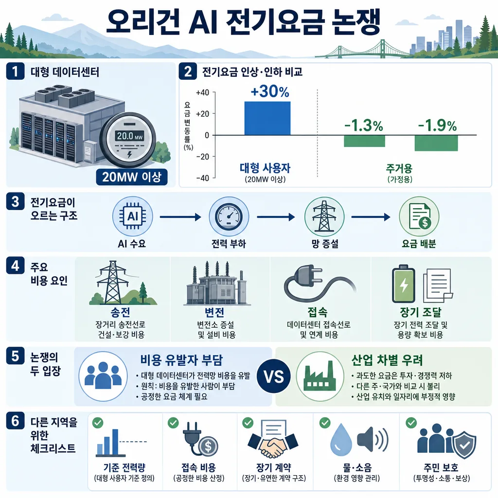 오리건 AI 전기요금 논쟁을 설명하는 데이터센터와 요금 비교 인포그래픽
