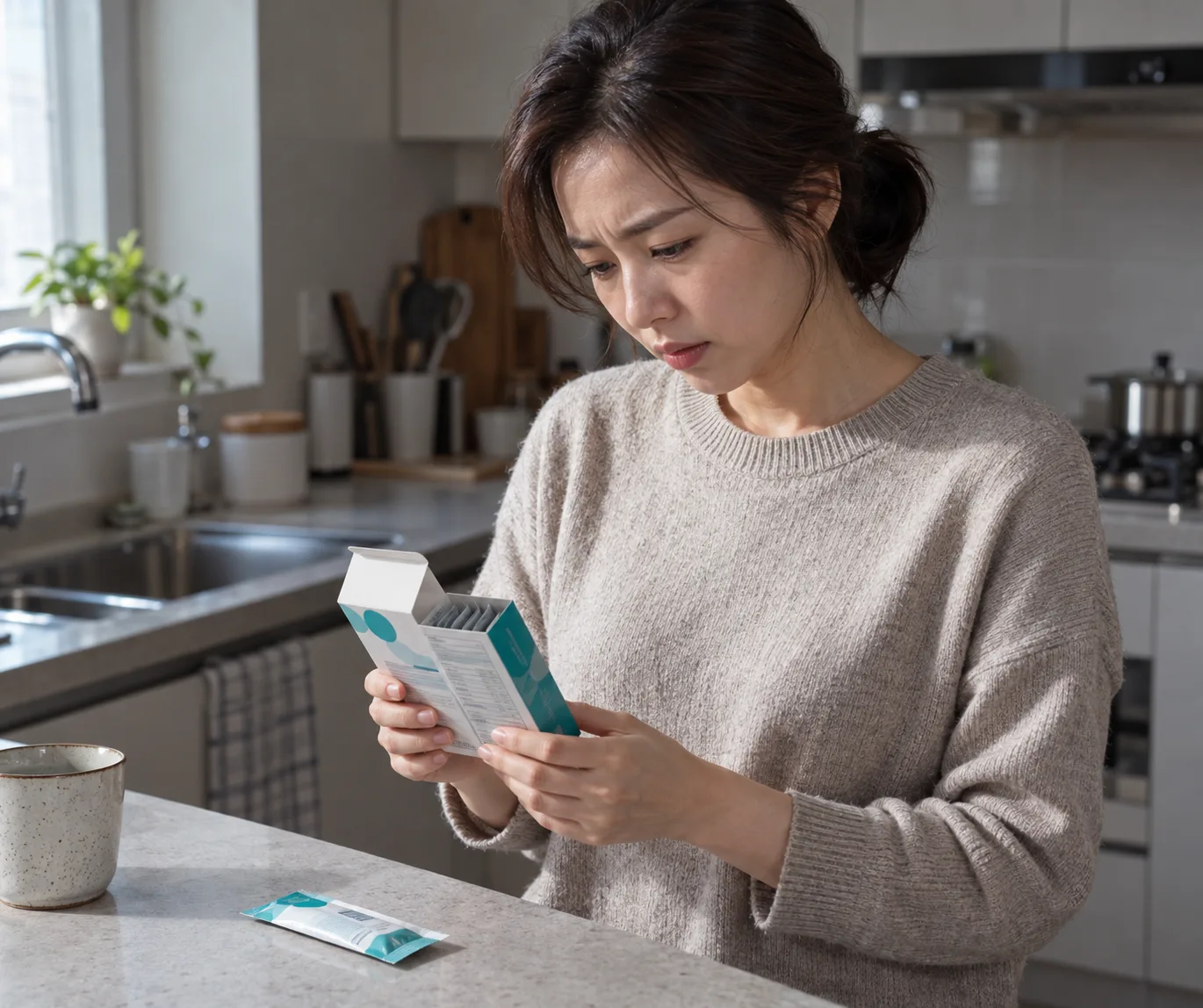 주방에서 유산균 제품 상자의 성분표를 확인하는 여성과 조리대 위 스틱 포장