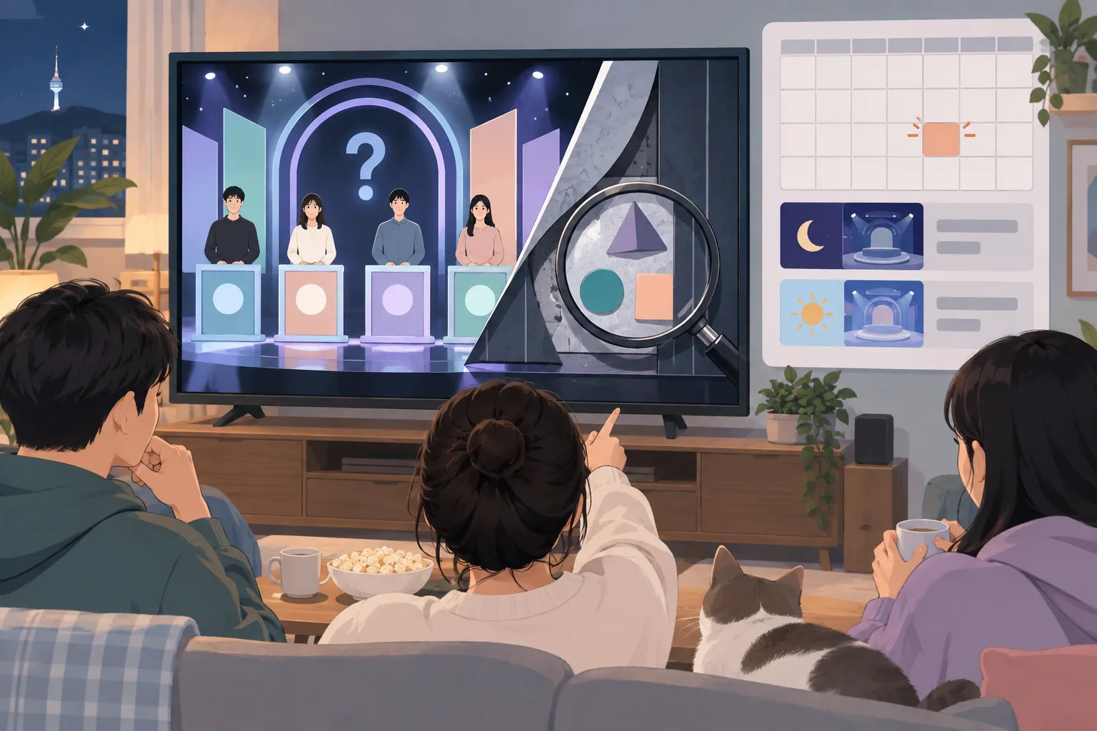 거실에서 세 사람과 고양이가 추리 예능 프로그램을 시청하는 일러스트