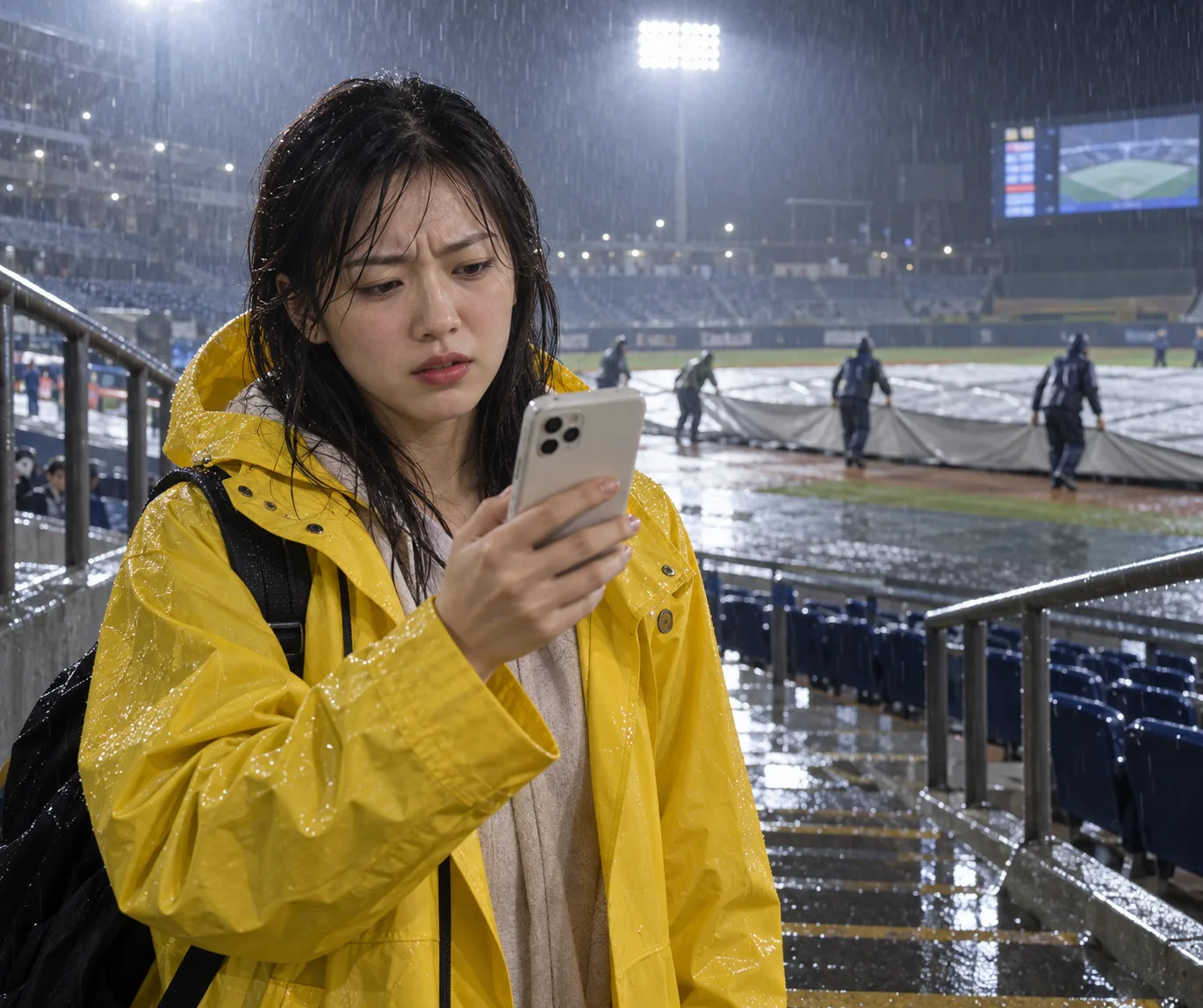 폭우 내리는 야구장에서 노란 우비를 입고 휴대전화를 확인하는 관중과 방수포를 덮는 직원들