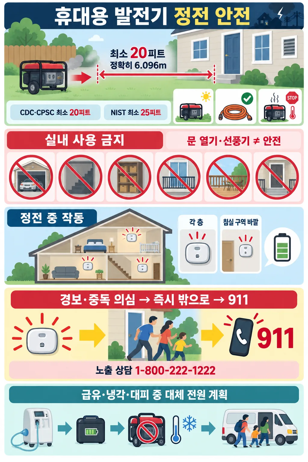 발전기를 집에서 최소 20피트 떨어뜨리고 실내 사용을 금지하는 정전 안전 안내도