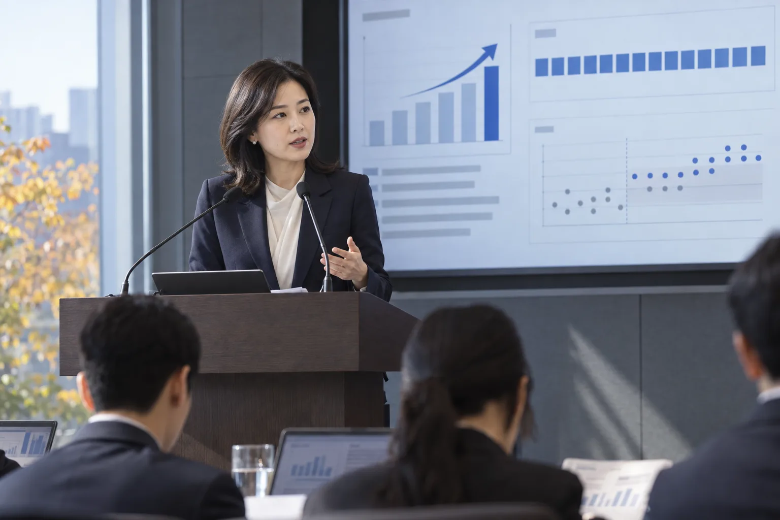 금리 전망 차트 앞 연단에서 청중에게 발표하는 여성