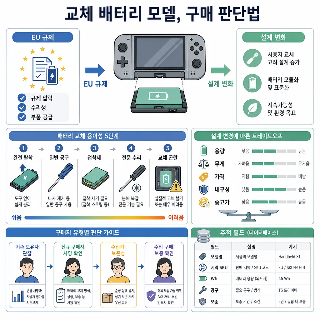 교체 배터리 휴대용 게임기 모델의 EU 규제, 설계 변화, 구매 판단 기준을 정리한 인포그래픽