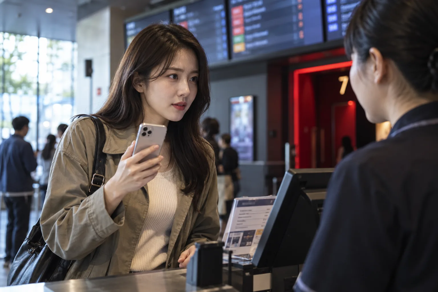 영화관 매표소에서 스마트폰을 든 채 직원과 대화하는 여성