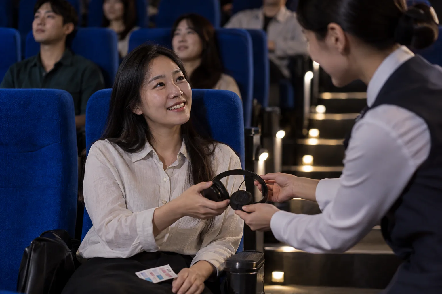 영화관 좌석에 앉아 직원에게 헤드폰을 건네받는 여성 관객