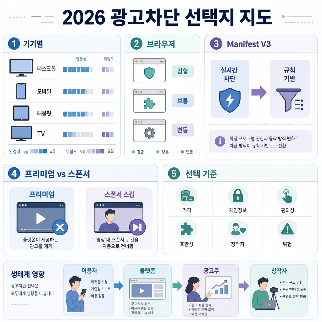 기기별 안정성·위험도와 브라우저, Manifest V3, 프리미엄 선택지를 정리한 2026 광고차단 인포그래픽