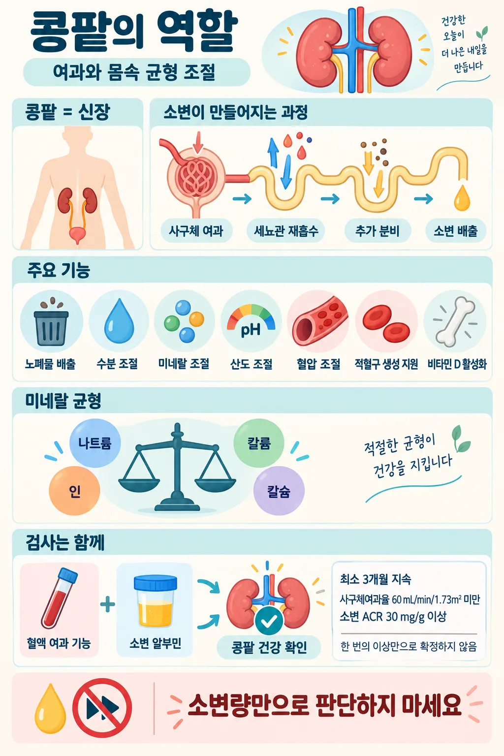 콩팥의 여과·재흡수 과정과 수분, 미네랄, 혈압 조절 기능 및 검사법을 설명한 인포그래픽