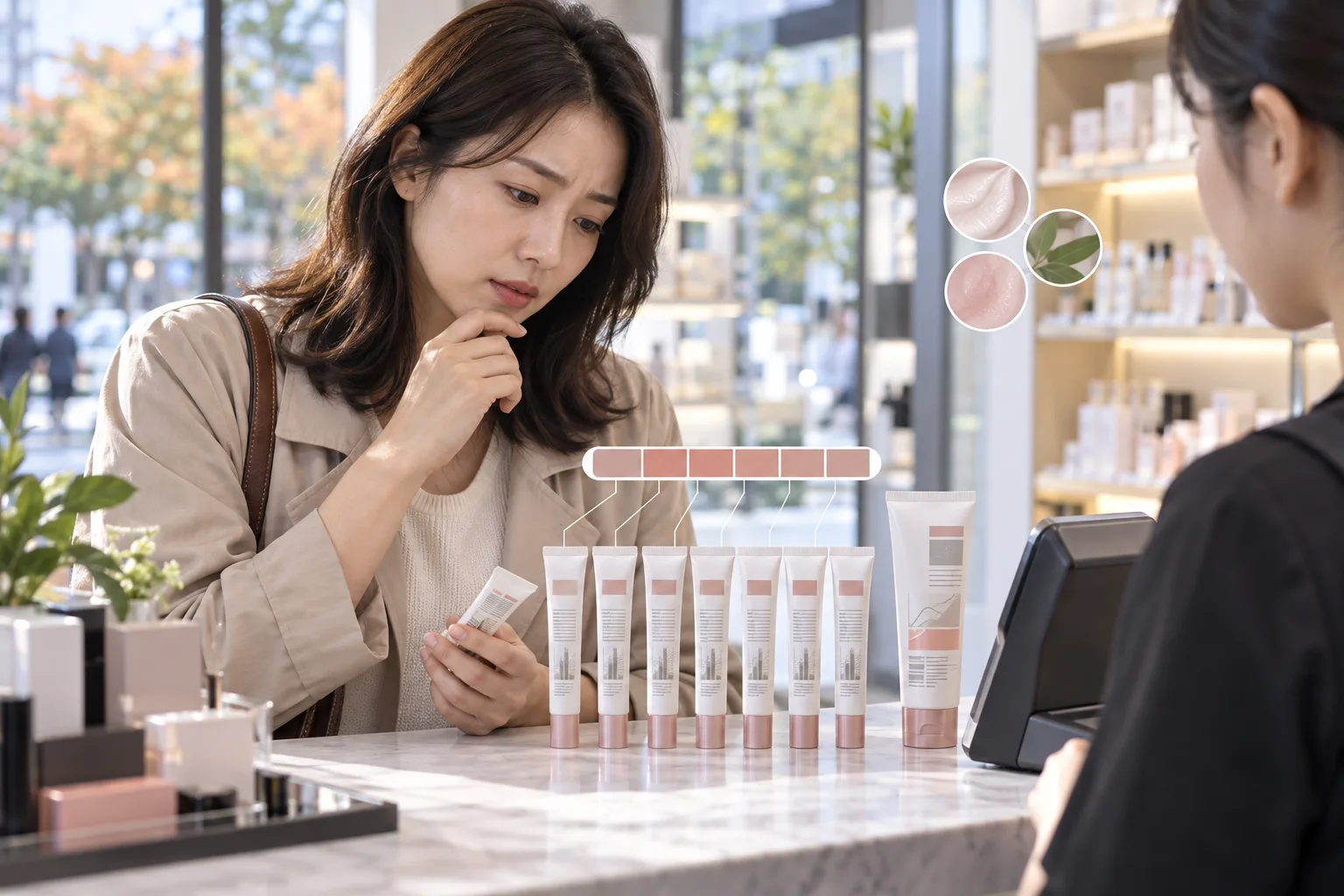 Mujer examinando un tubo de cosmético junto a varias cremas para ojos en un mostrador