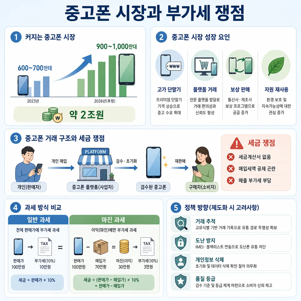 중고폰 시장 성장, 거래 구조, 부가세 과세 쟁점을 정리한 한국어 인포그래픽