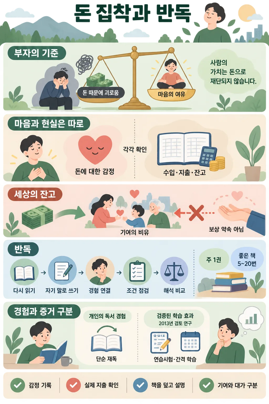 돈에 대한 감정, 수입·지출, 기여, 반복 독서법을 설명하는 한국어 인포그래픽