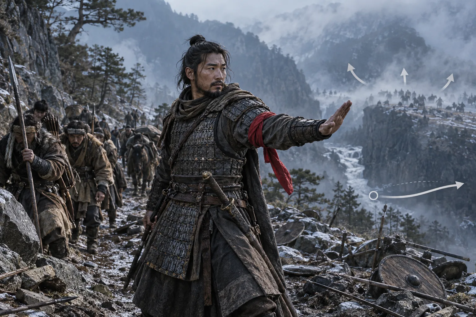 설산 협곡에서 갑옷 입은 지휘관이 병사들에게 손짓하고 이동 경로 화살표가 표시된 장면