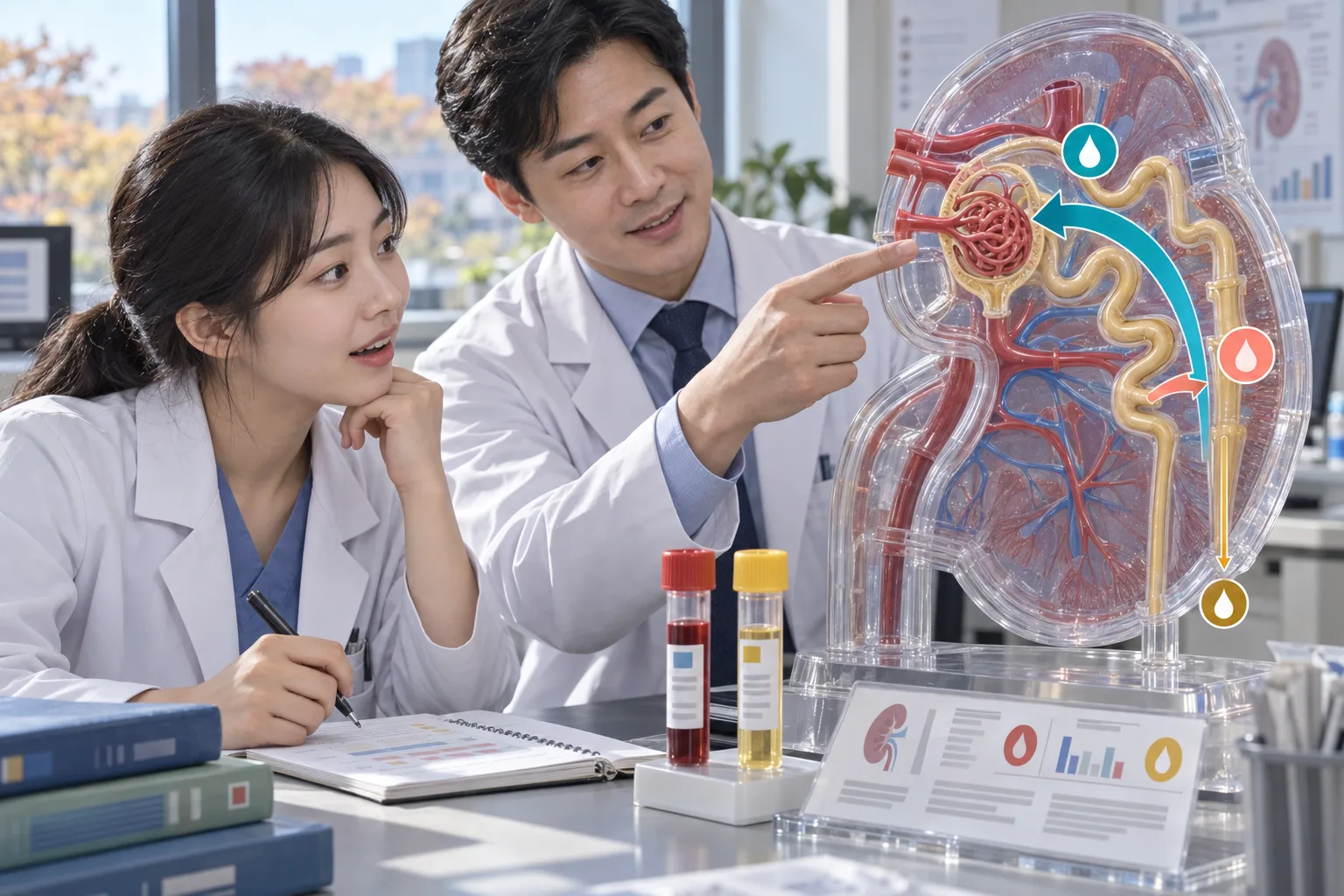 신장 모형의 사구체와 세뇨관을 가리키며 설명하는 두 의료진