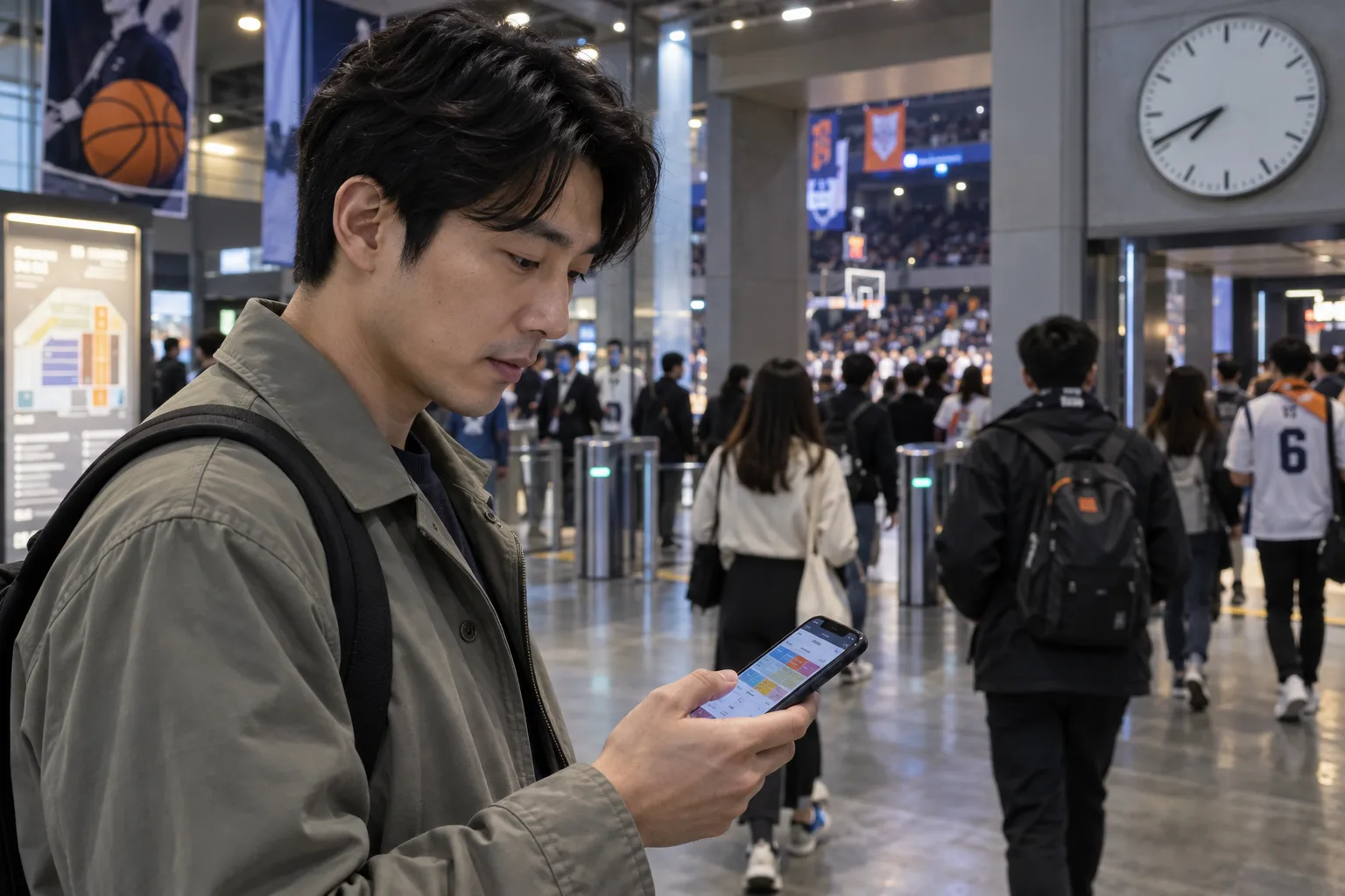붐비는 농구 경기장 로비에서 스마트폰을 확인하는 남성