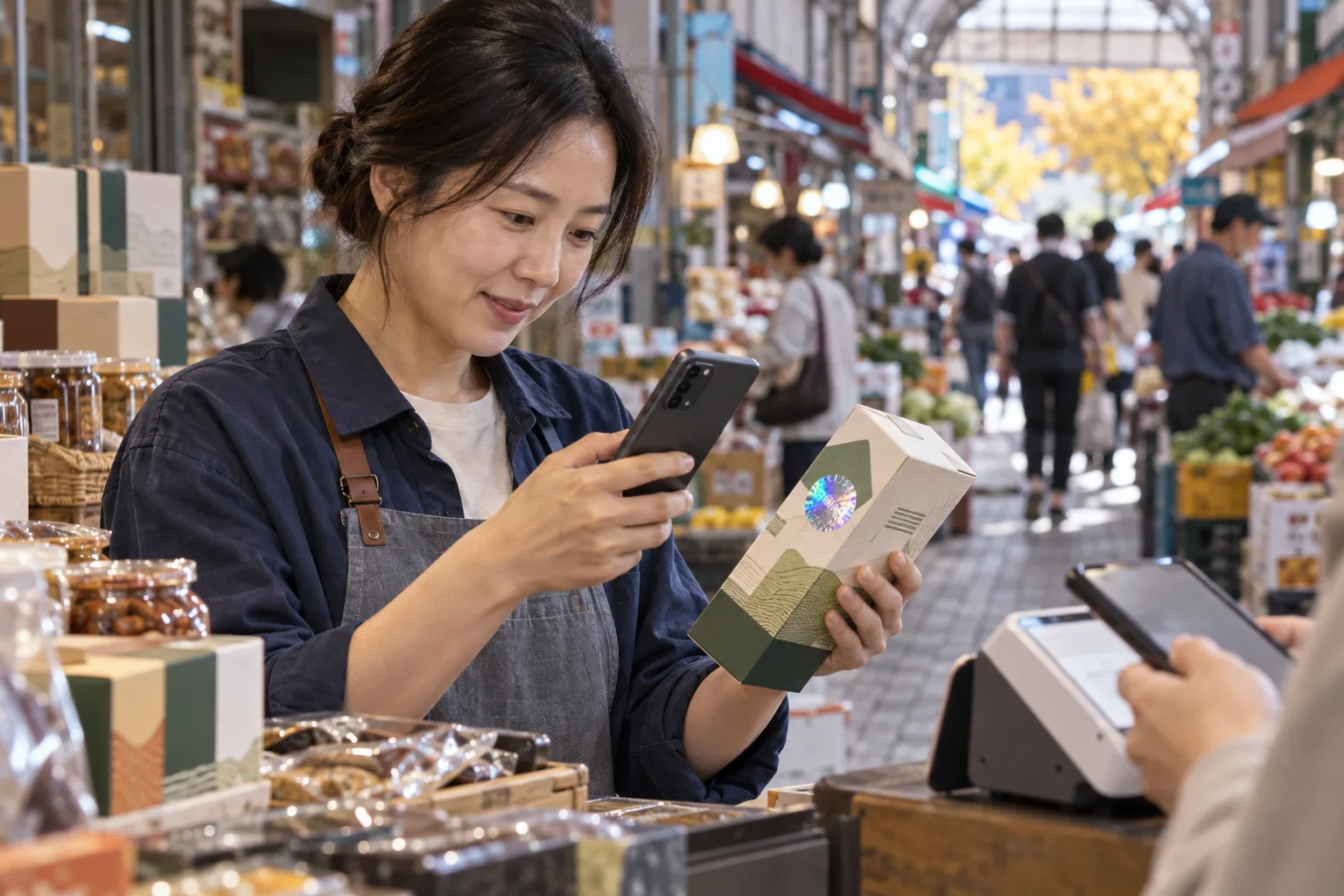 韓国の屋根付き市場で、店主がホログラムシール付きの商品箱を持ち、スマートフォンを見ている。