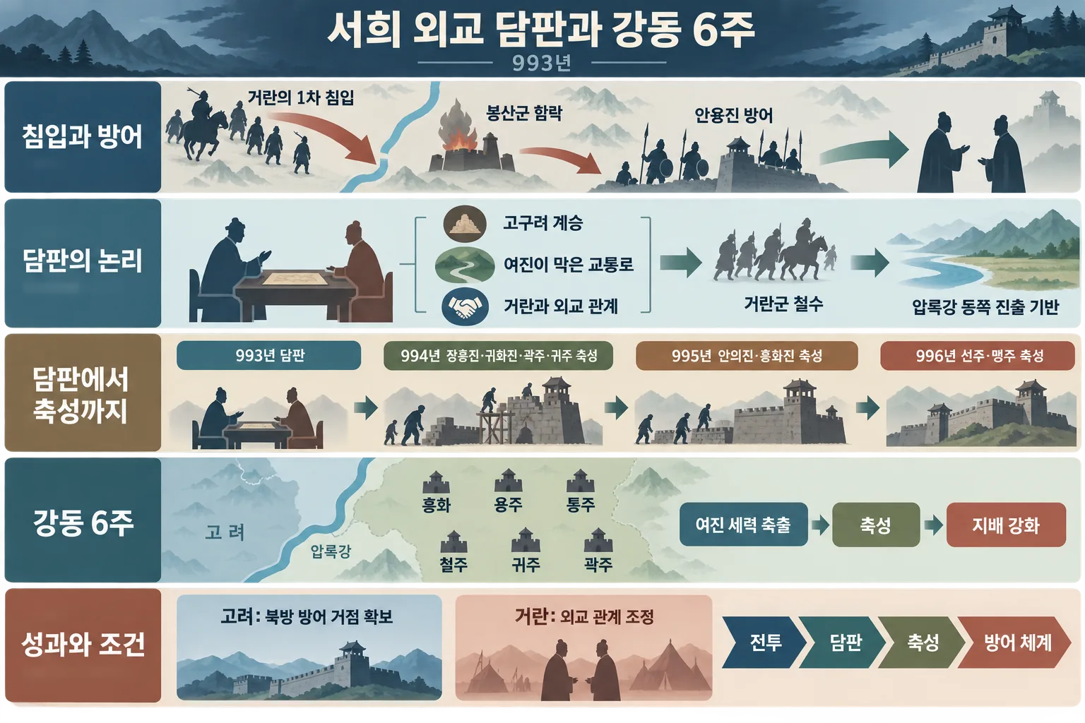 993년 서희의 담판부터 강동 6주 확보까지 침입, 협상, 축성 과정을 정리한 세로형 인포그래픽
