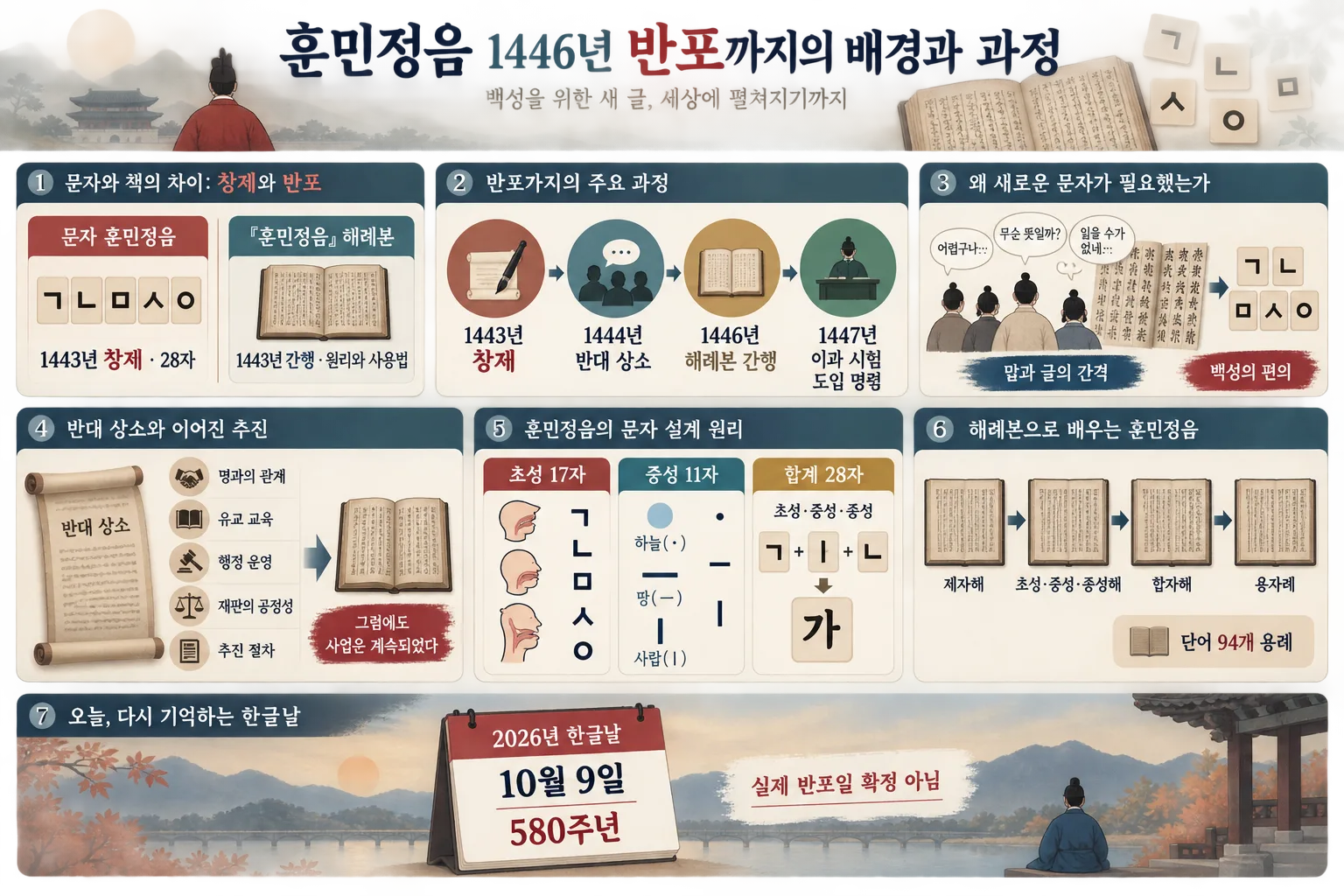 훈민정음 창제부터 반포와 활용까지의 연표, 글자 원리, 반대 상소, 한글날을 정리한 한국어 인포그래픽