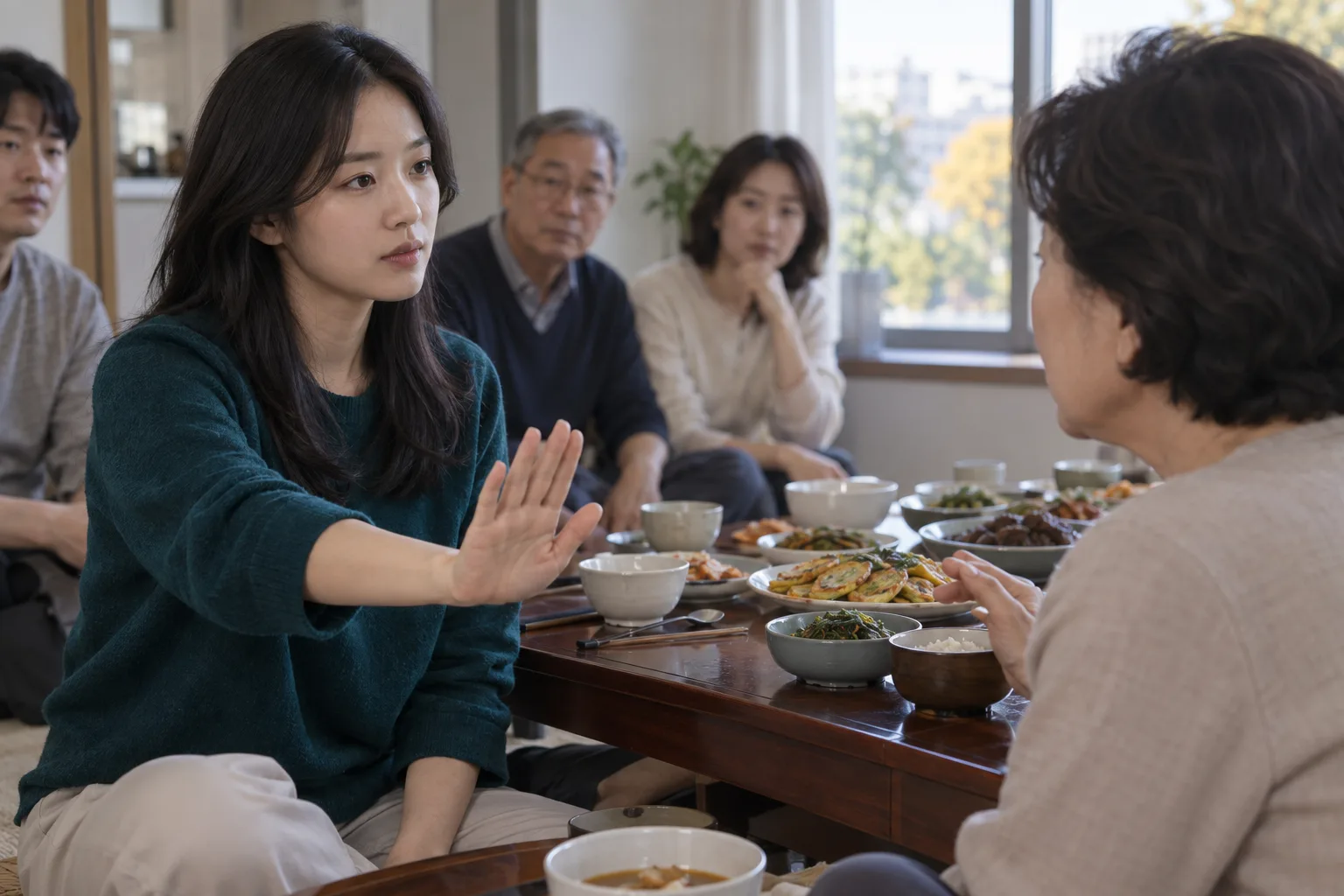 명절 음식이 차려진 식탁에서 손을 들어 어른의 말을 제지하는 젊은 여성과 지켜보는 가족들