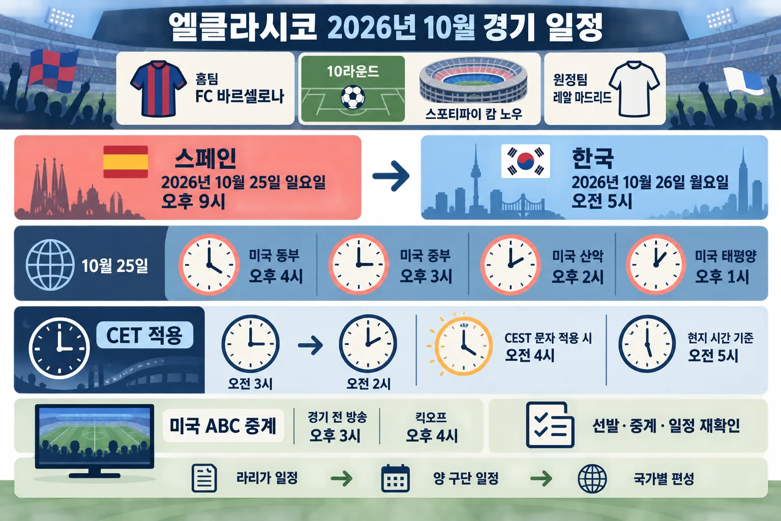 바르셀로나와 레알 마드리드의 캄 노우 맞대결을 스페인·한국·미국 시간대로 정리한 한국어 인포그래픽