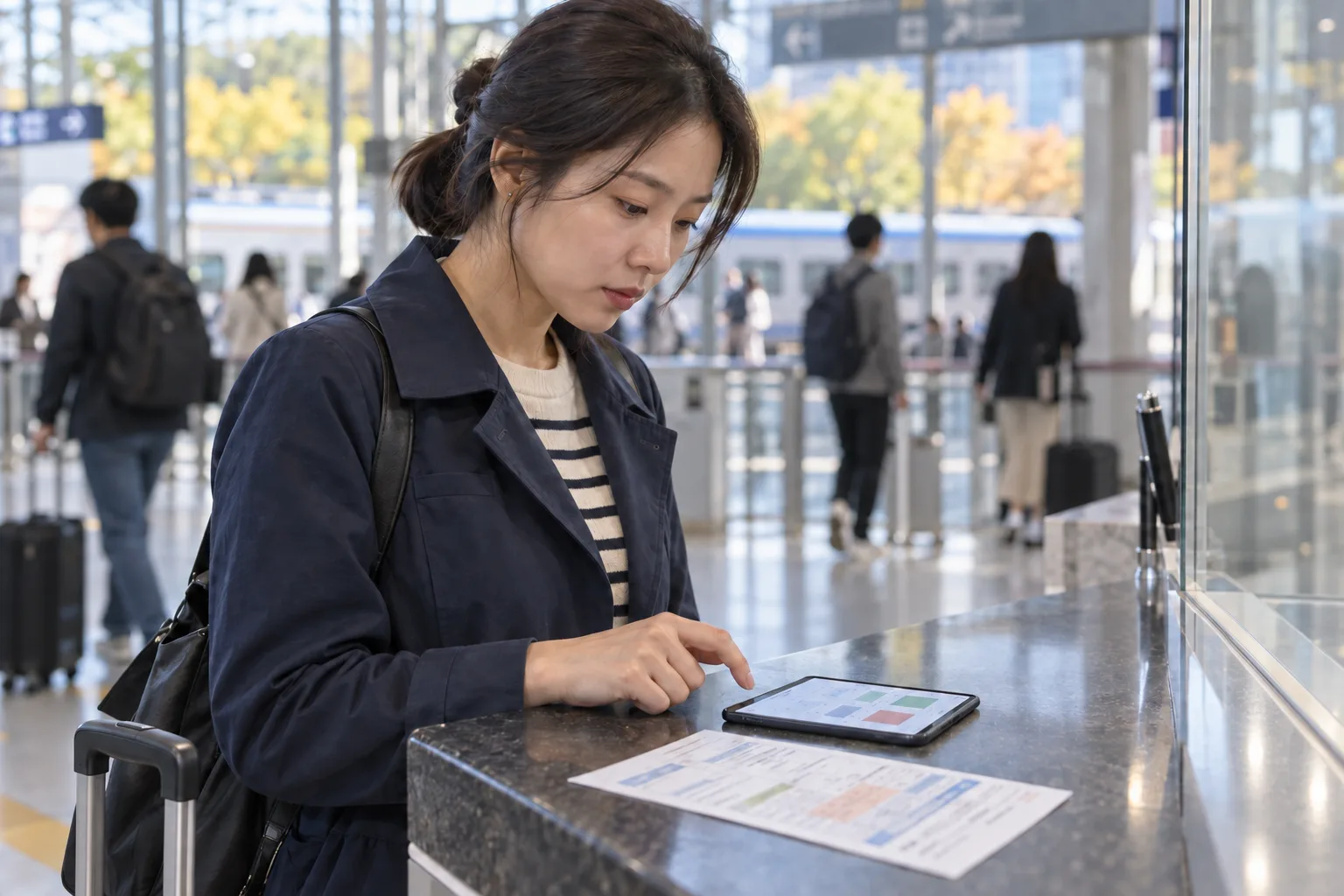 기차역 창구에서 남색 재킷을 입은 여성이 스마트폰과 인쇄된 여행 서류를 비교한다.