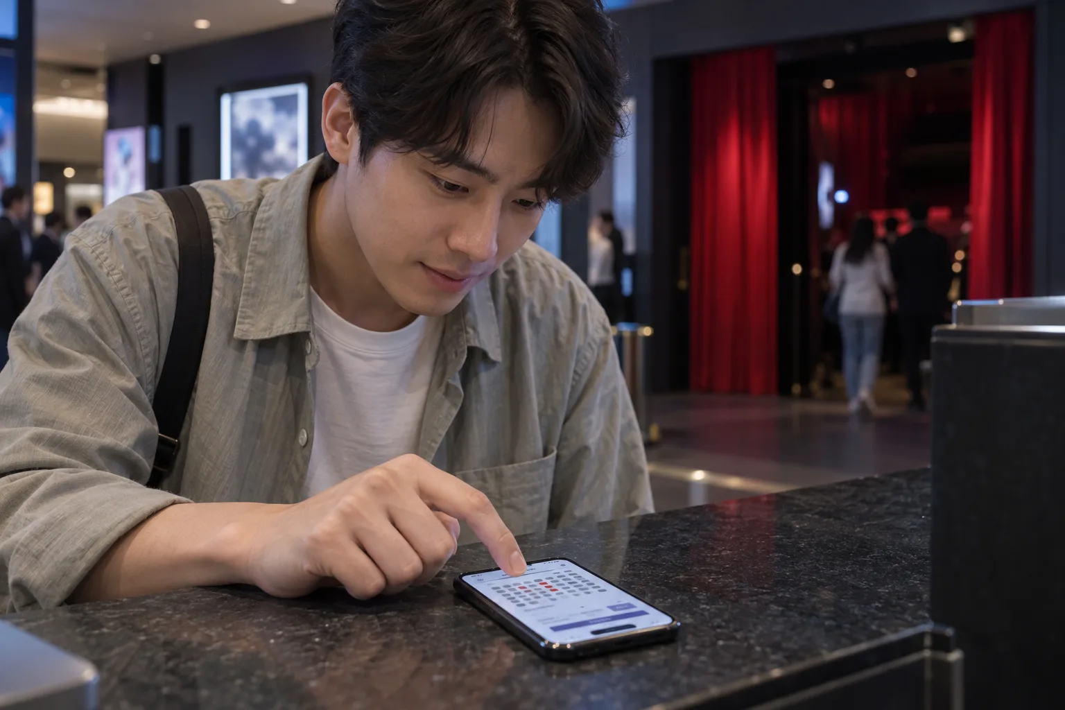 A man leans over a cinema lobby counter, his finger poised above a seat map on his phone.