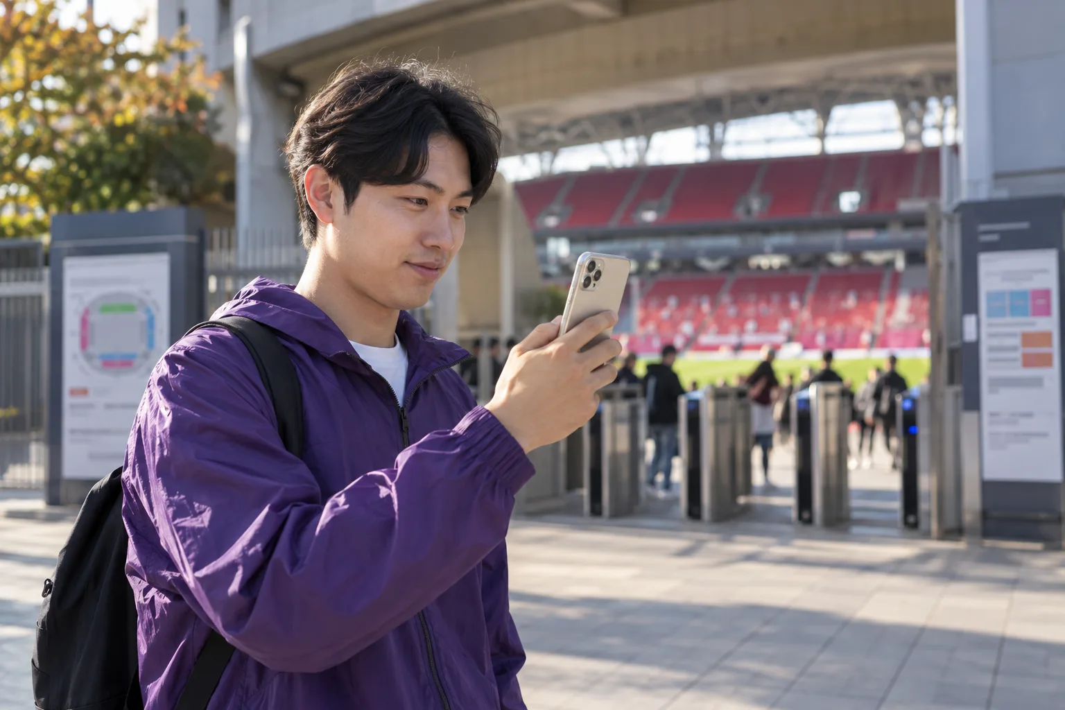 경기장 입구에서 보라색 재킷을 입은 관중이 휴대전화를 확인하고 있다.