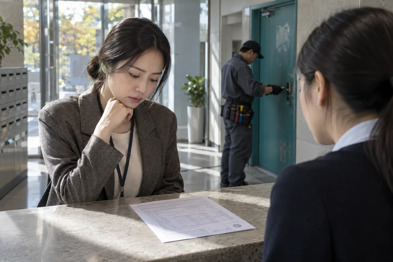 ロビーのカウンターで女性が書類を確認し、向かいに同僚が座る。奥では作業員がドアを点検している。