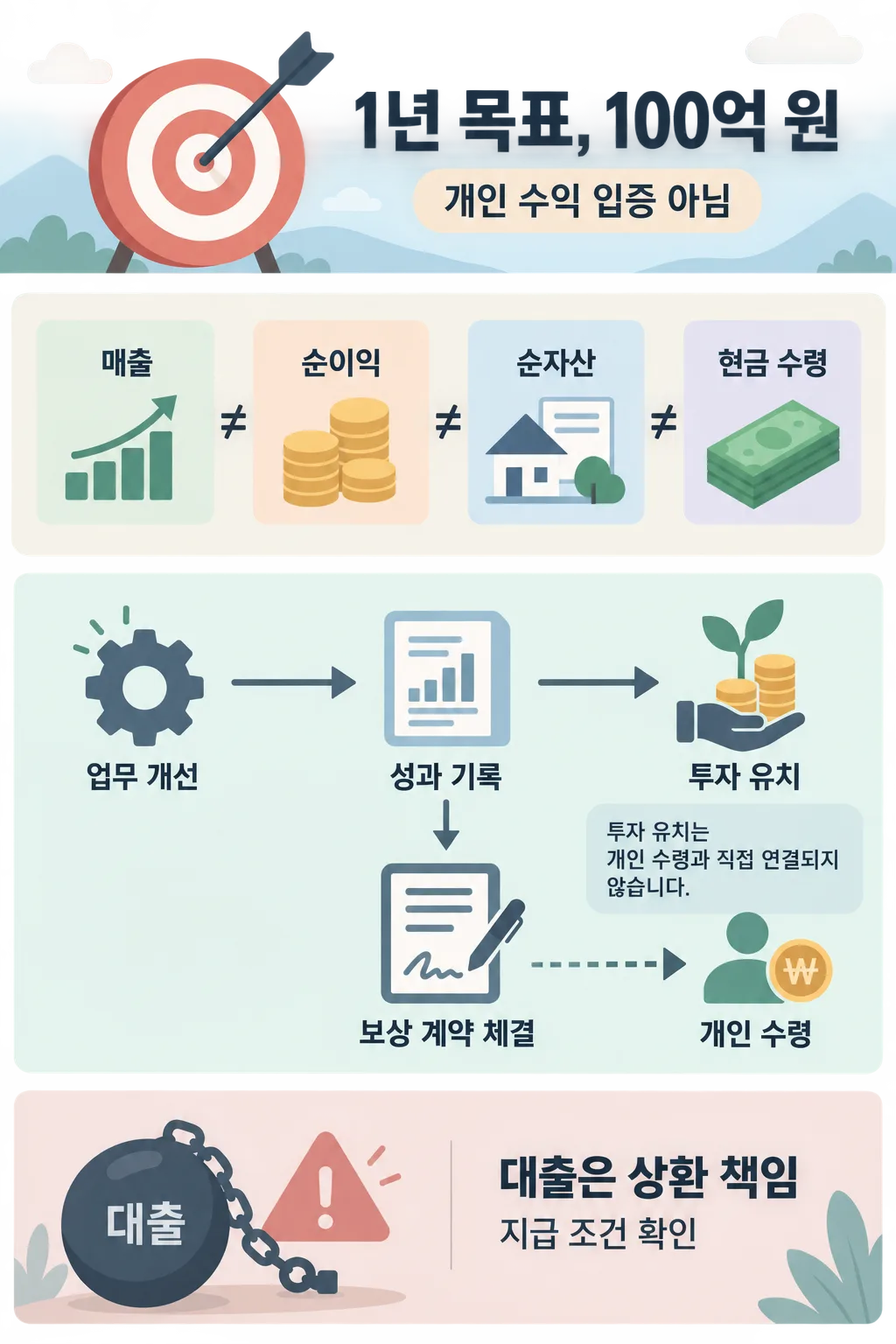 1년 목표 과녁, 매출·순이익·순자산·현금 수령의 구분, 성과에서 투자와 보상 계약으로 이어지는 흐름, 대출 경고를 담은 인포그래픽