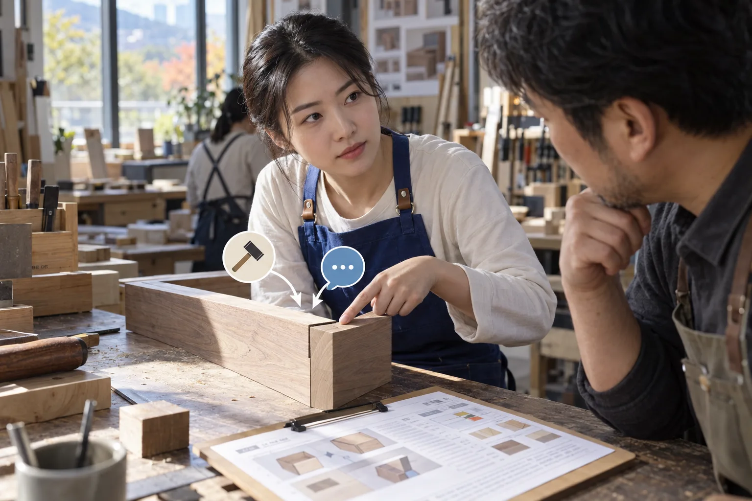木工の作業場で、見習いが木材の継ぎ目にある隙間を指し、指導者と話している。