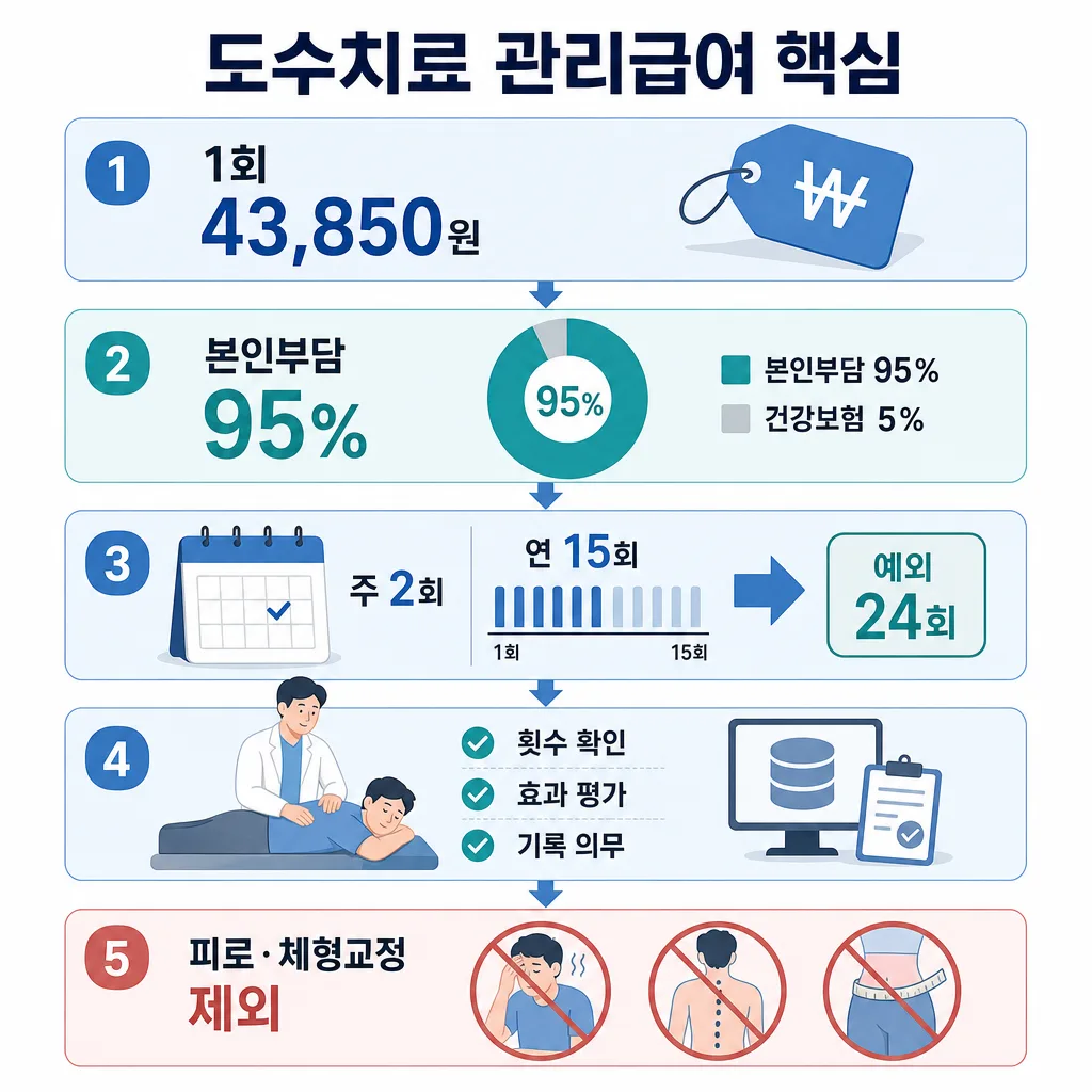 도수치료 관리급여 핵심을 1회 비용, 본인부담률, 연간 횟수, 제외 항목으로 정리한 인포그래픽