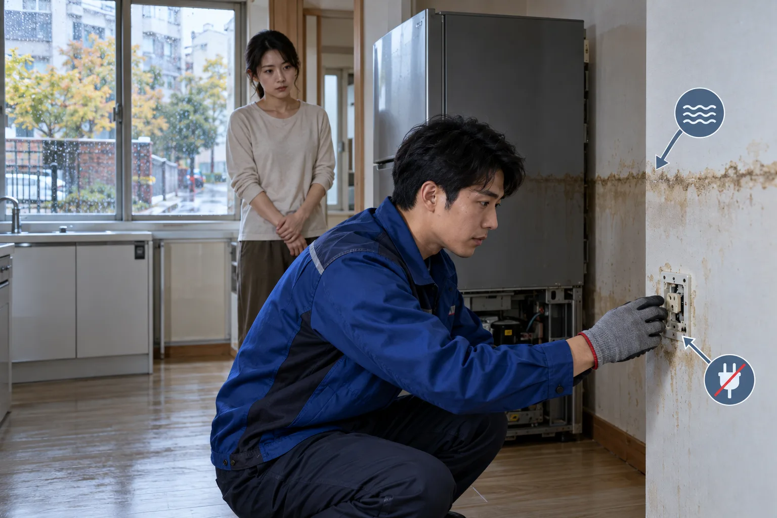 A worker checks a wall outlet in a kitchen with water stains while a tenant watches.