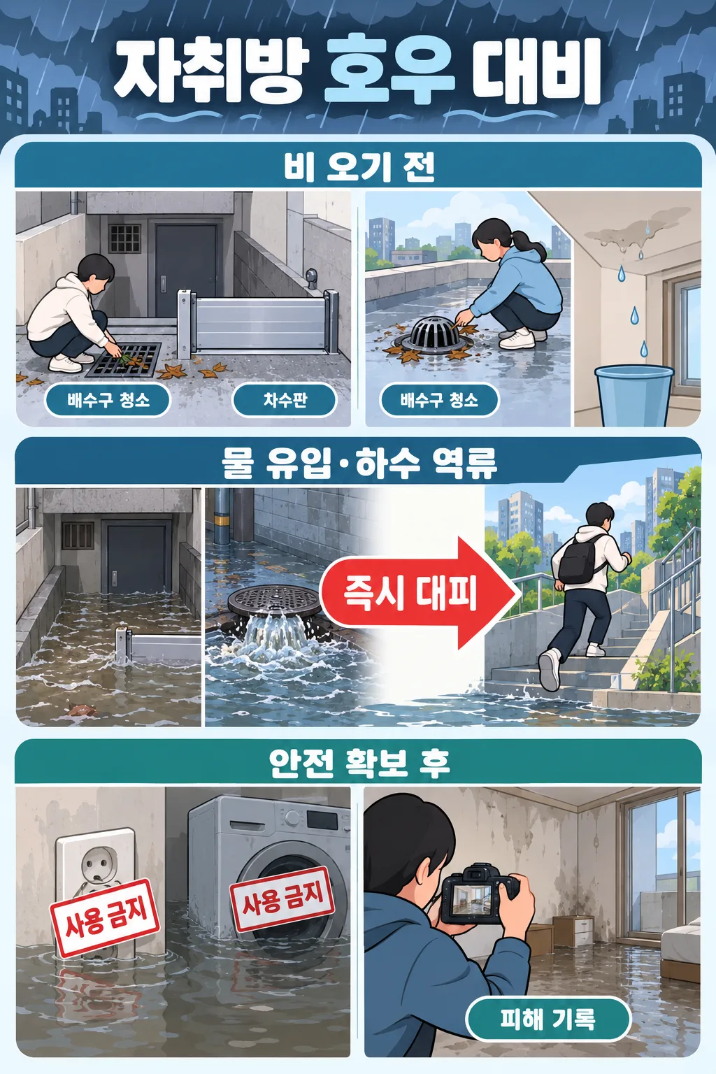 배수구 청소와 물막이판 설치, 침수 시 대피, 침수 후 사용 금지와 피해 기록을 단계별로 보여주는 인포그래픽