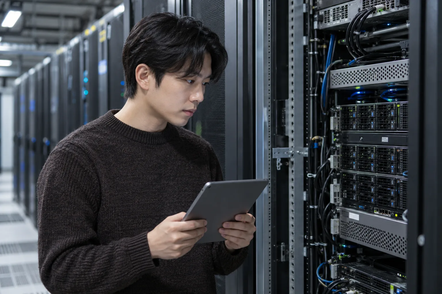 Engineer holding a tablet and inspecting an open server rack in a server hall