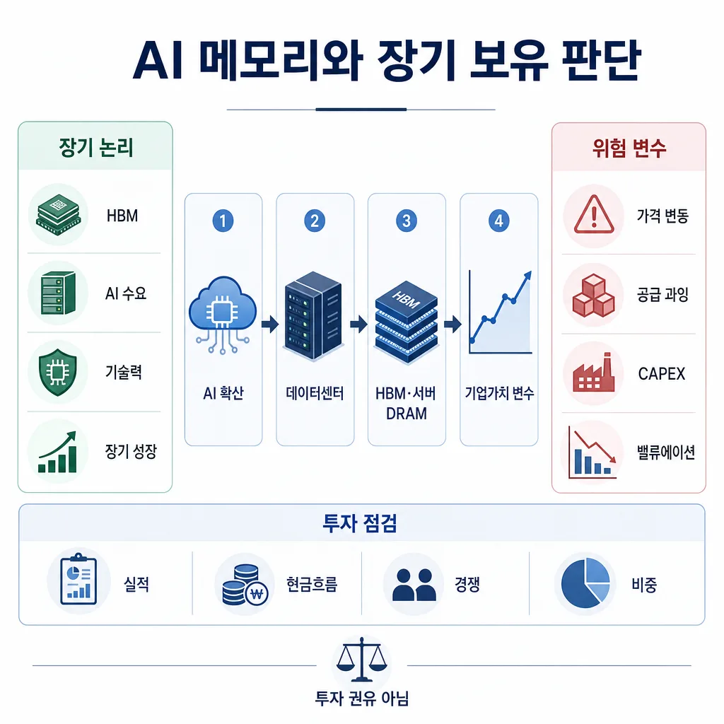 AI 메모리 장기 보유 판단을 설명하는 한국어 투자 인포그래픽