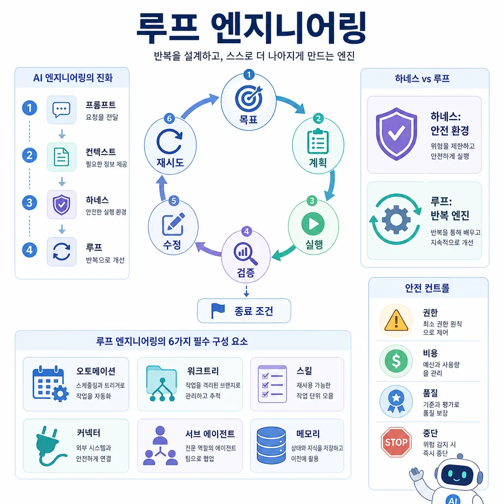 루프 엔지니어링의 반복 단계와 안전 제어, 필수 구성 요소를 정리한 한국어 인포그래픽