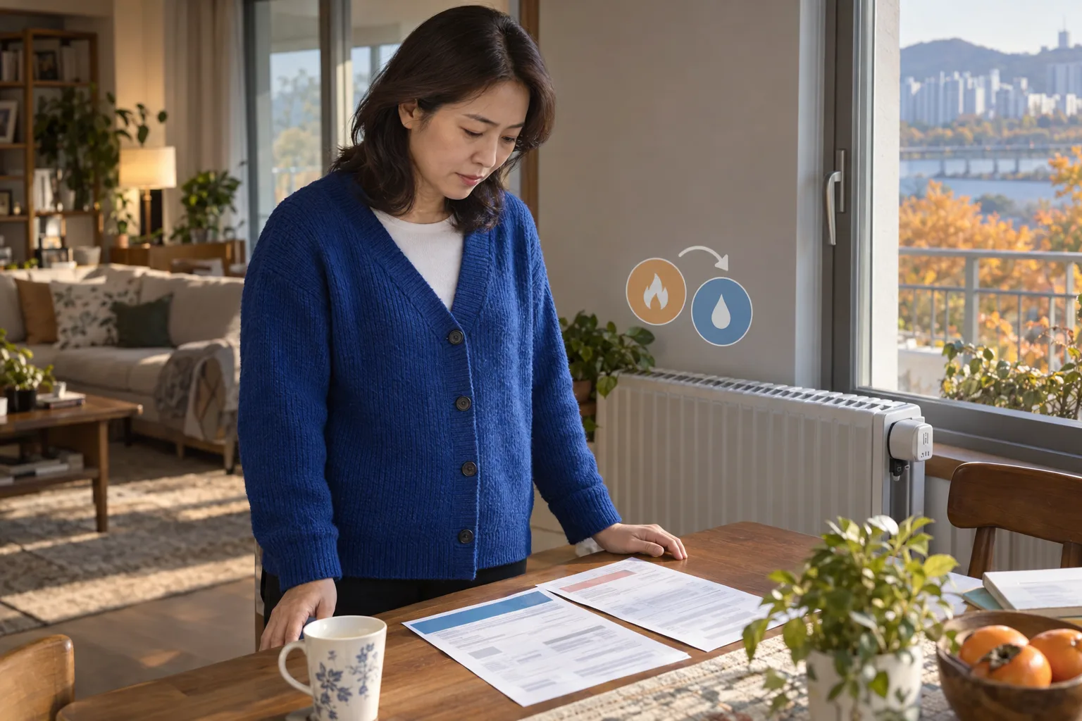 A woman in a blue cardigan reviews utility bills on a table beside a radiator.