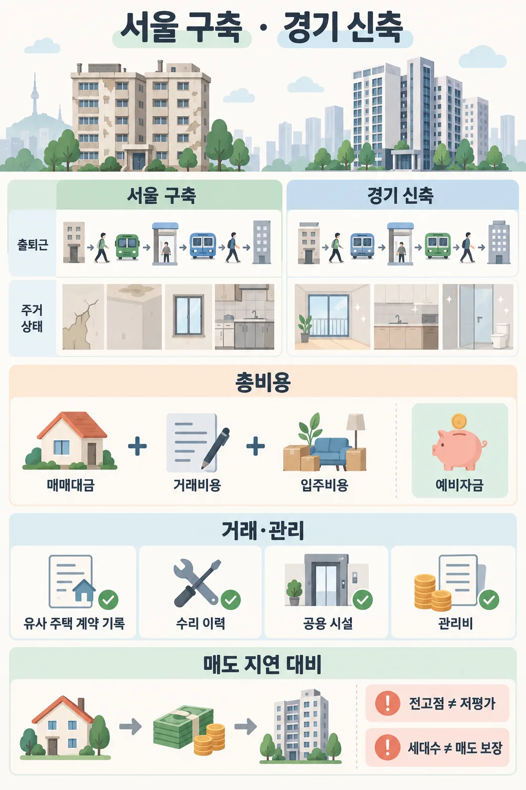 서울 구축과 경기 신축의 출퇴근·주거 상태 비교, 총비용과 거래 확인 사항, 매도 지연 대비를 담은 인포그래픽