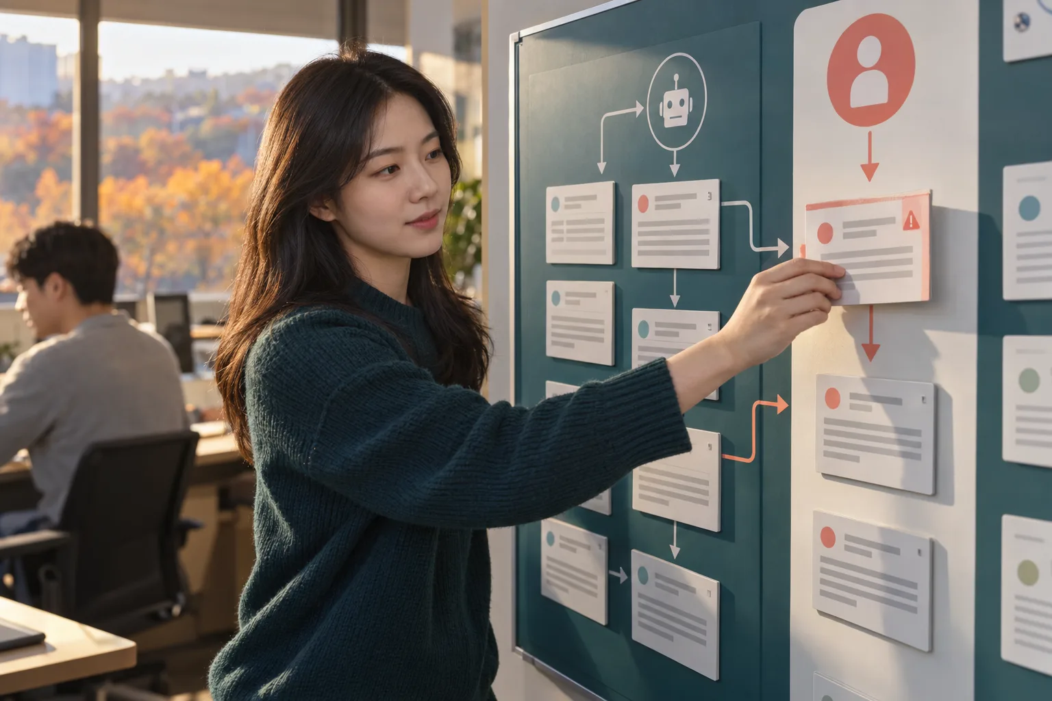 女性が分岐を示すテストボードで問い合わせカードを人による確認の側へ移している。