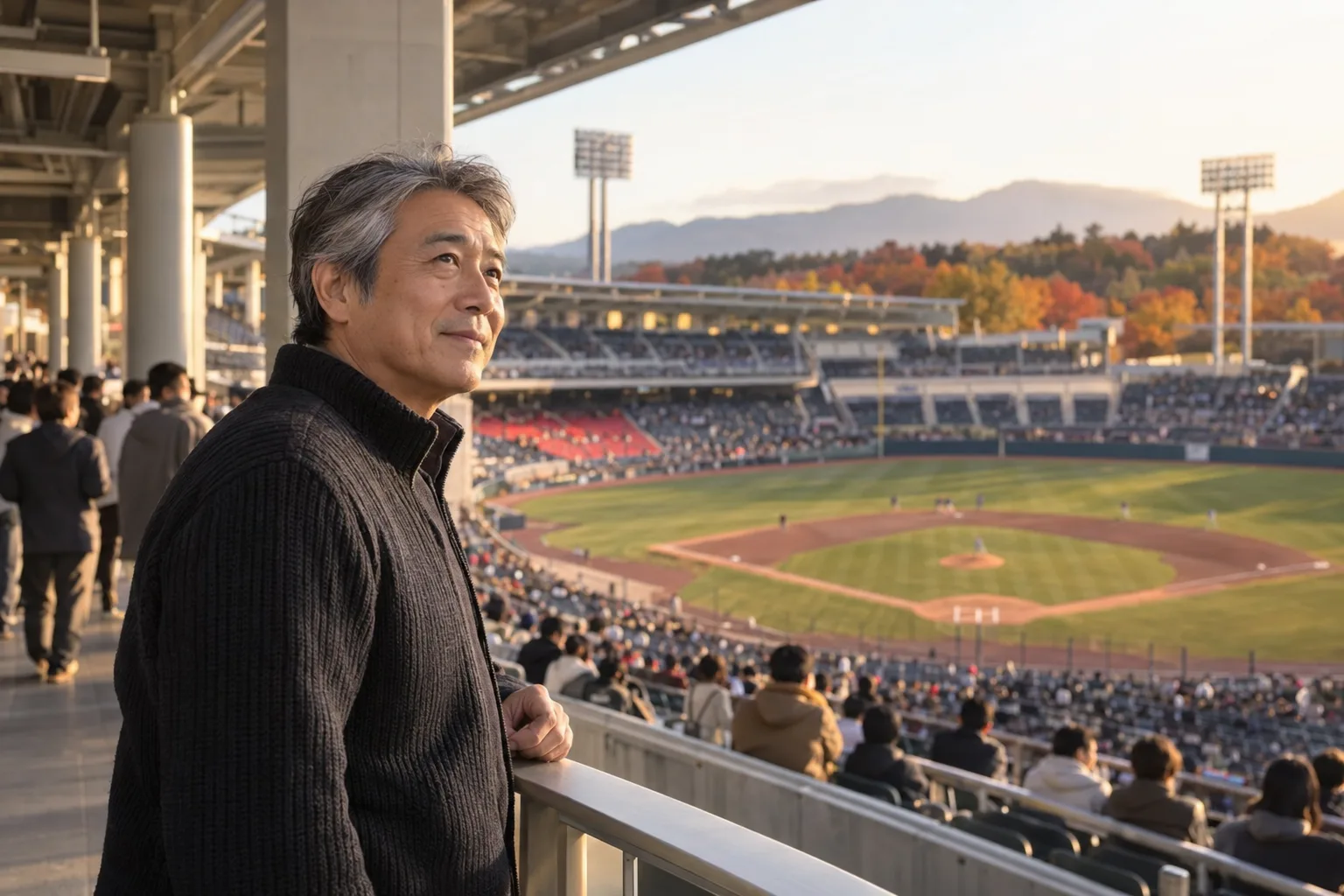 観客が集まる野球場を見渡す年配の男性。球場の向こうには秋色の木々が見える。