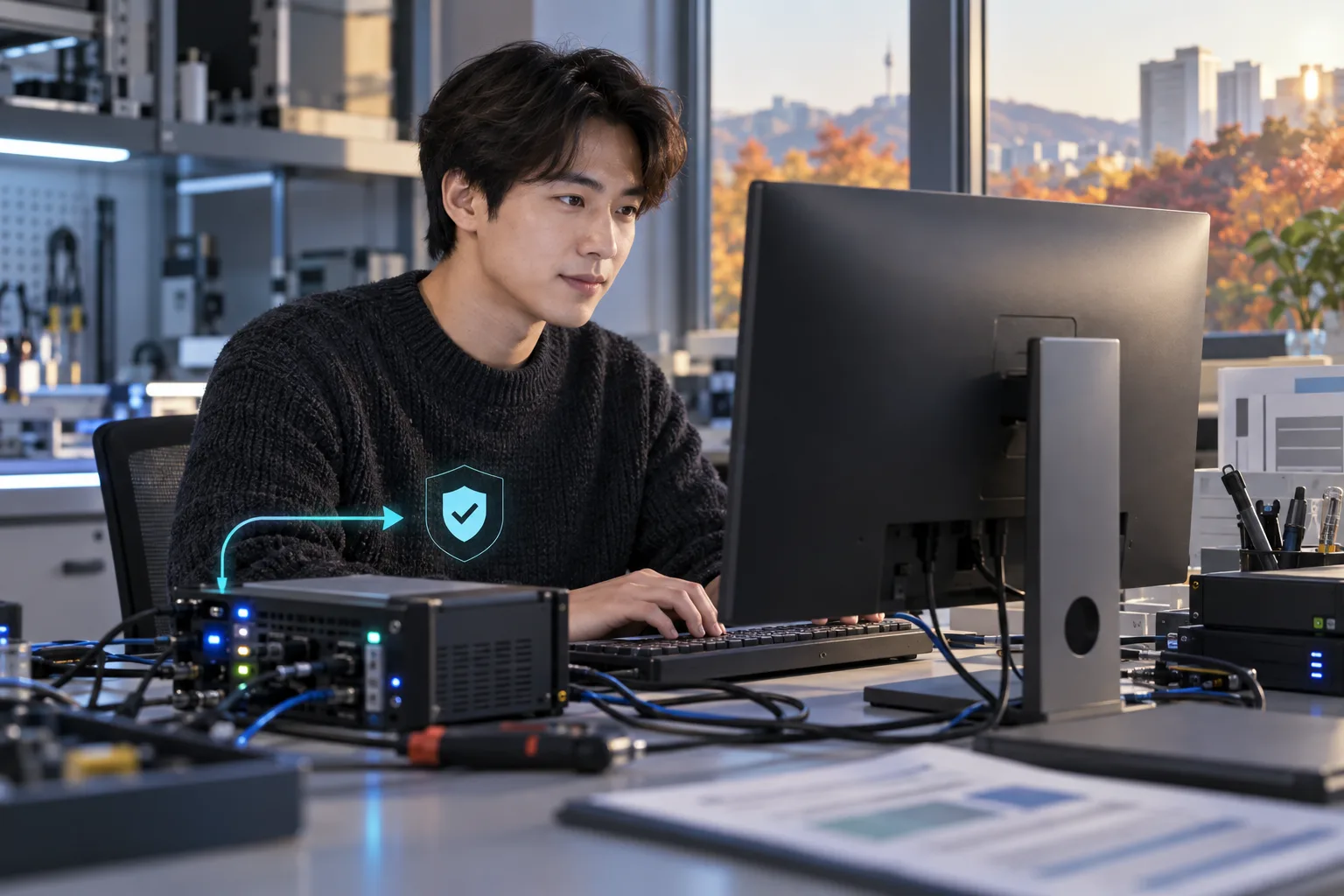 開発者がパソコンに向かい、診断ランプの点灯した試験装置のそばで作業している。