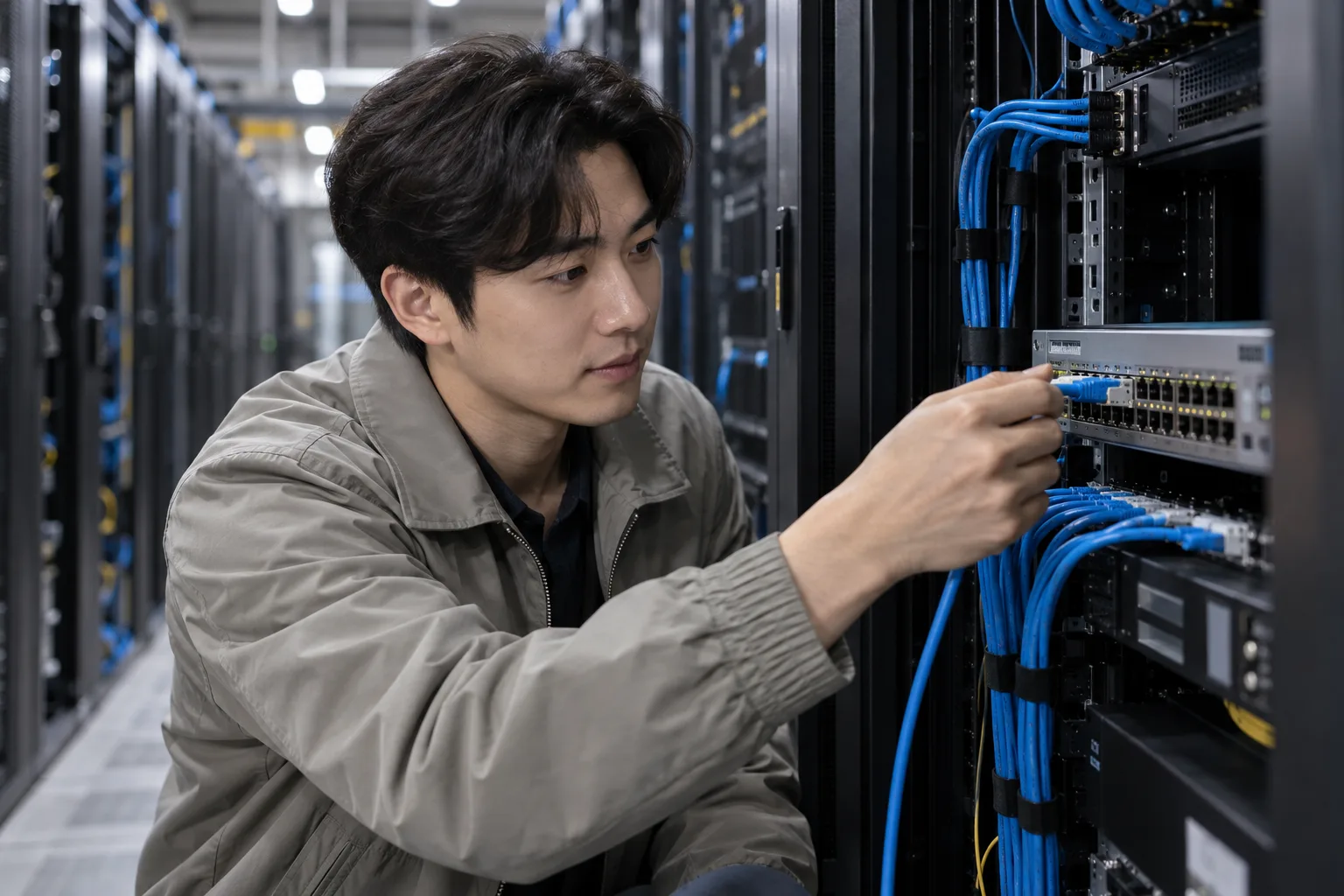 Un técnico conecta un cable azul a un conmutador de red entre bastidores de servidores.