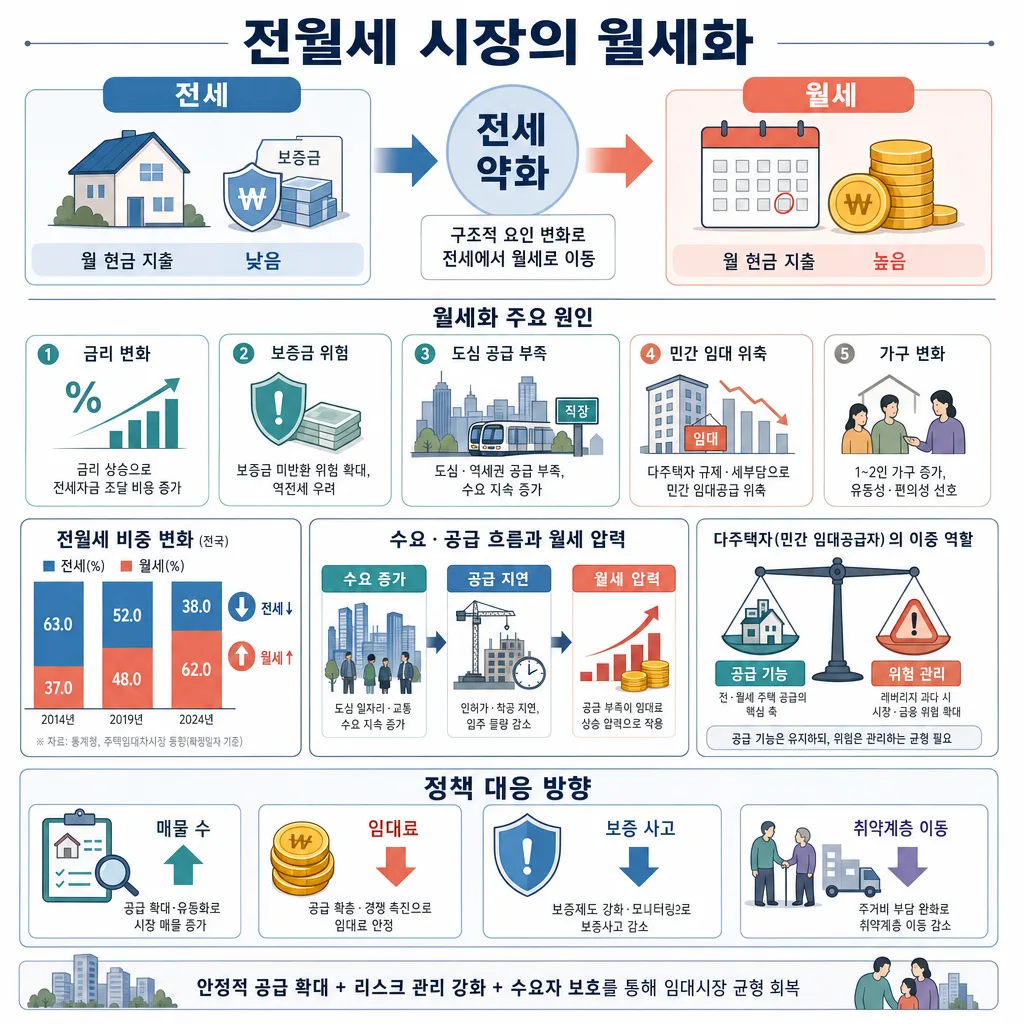 전세 약화와 월세 확대의 원인, 통계, 정책 대응을 정리한 전월세 시장 월세화 인포그래픽